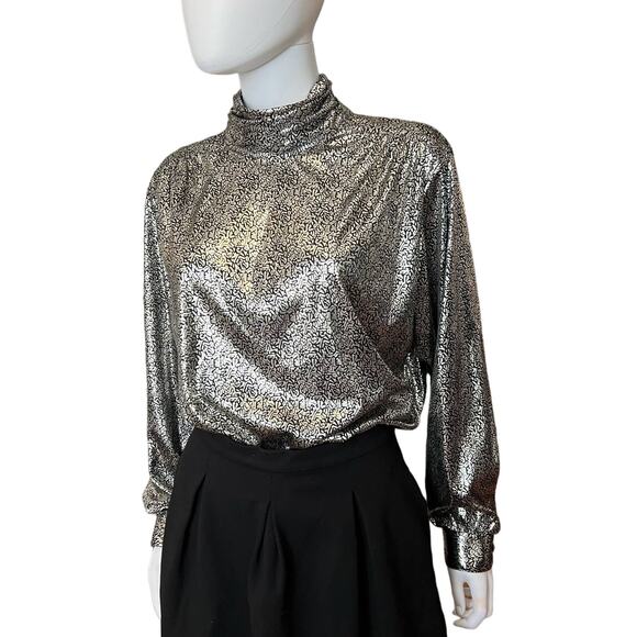 Vintage 1980s Notations Chrome Silver Turtleneck Blouse, Sz 14 - Picture 1 of 7